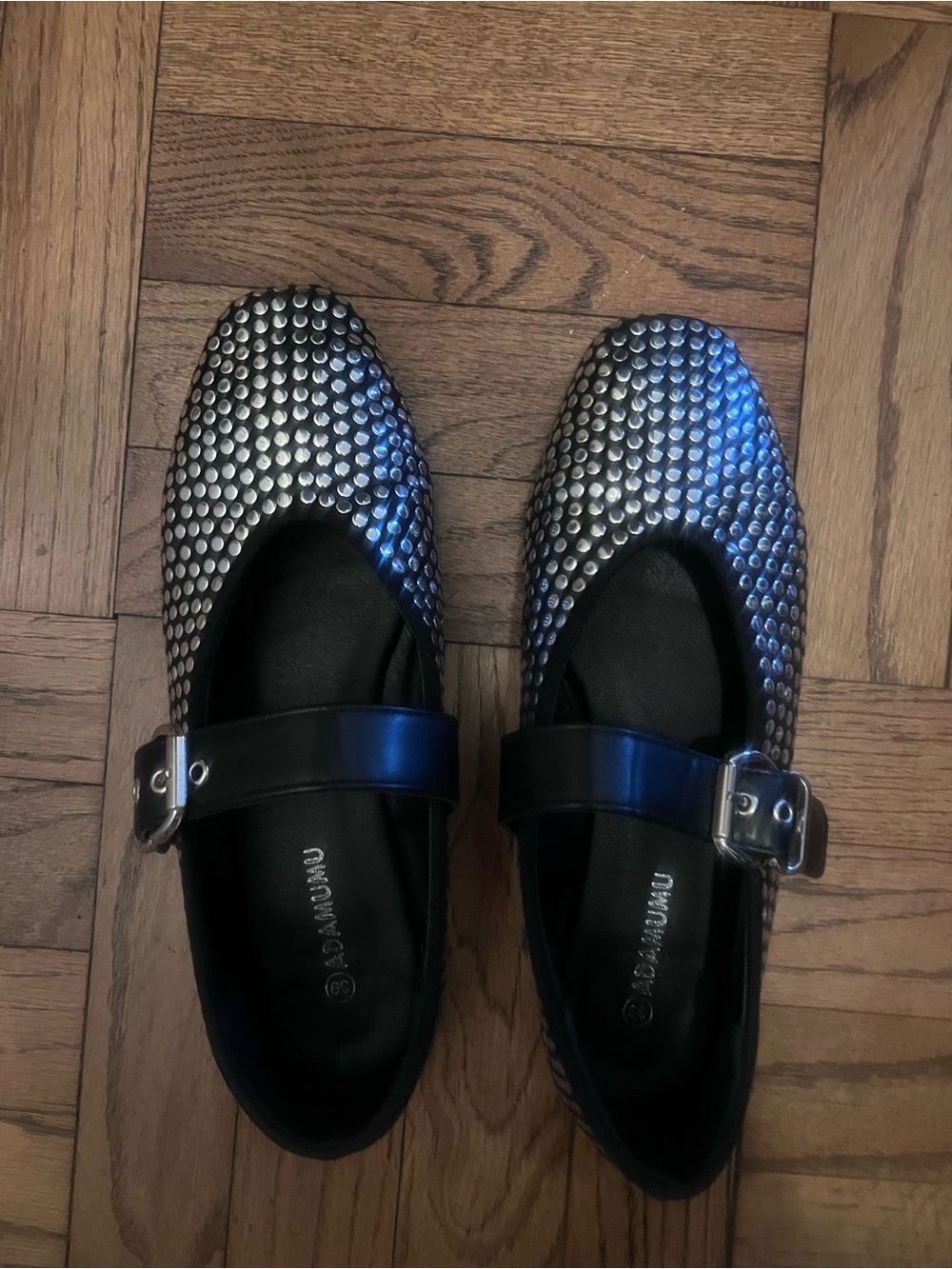Studded Black Metallic Mary Jane Flats
